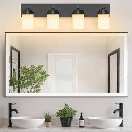 Image of IZORRO Bathroom Vanity Light Fixture, 4-Light 30 Inch Matte Black Bathroom Light Fixtures Over Mirror, with White Glass Shade, Modern Farmhouse Vanity Lights, Rustic Restroom Lighting Fixtures