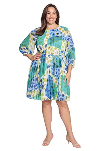 Maggy London Women's Plus Size Jewel Neck Spaghetti Waist Tie Pleated Dress With 3/4 Sleeves, Soft Beige/Light Teal, 16 #TOP4