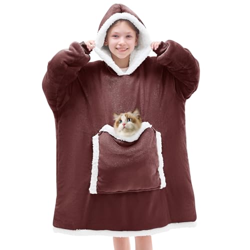 JOYWOO Purple Kids Wearable Blanket Hoodie, Oversized Cat lovers Hoodie Blanket for kids & Teens,Birthday Gifts for Girl Boys,Cozy Fuzzy Sherpa Fleece Blanket Giant Pocket Winter Gifts,Gray purple