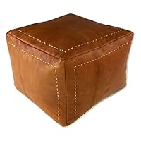 Poufs&Pillows Premium Square Leather Pouf - Handmade - Delivered stuffed - Ottoman footstool, floor cushion (Cognac)