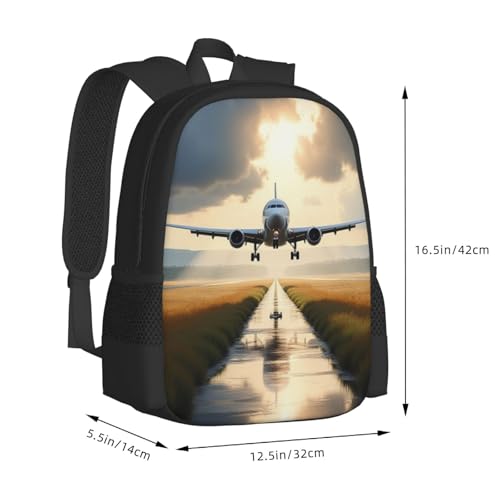 Airplane On Runway Cloudy Sky Water Reflection Backpack Build Casual Daily Outdoor Adventures Camping & Hiking Trips 17 In3