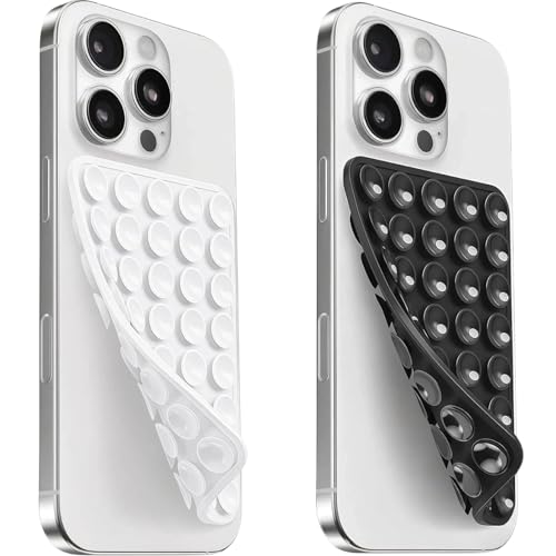 Image of (2 Pack) Silicone Suction Cup Phone Case Mount Double Sided, Sticky Phone Grip with Higher Suction Power for Cell Phone, Hands-Free Phone Accessories for Selfies and Videos, White & Classic Black