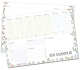 AUF DER VORDERSEITE - Jeder Werktag ist in Vormittag, Nachmittag und Abend unterteilt, es gibt drei Wochenziele zum Eintragen & ein paar Zeilen für Besonderheiten der Woche und eine Kontaktliste. Und natürlich: Platz für Kalenderwoche + Datum