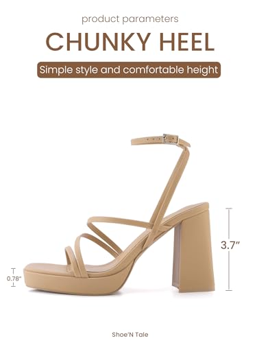 Image of Shoe'N Tale Platform Heels for Women Strappy Block Chunky Heels Square Toe Ankle Buckle Sandals