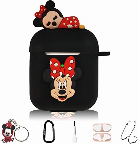 Minnie Cute Cartoon Silicone Case Skin for Apple Airpod 2 and 1,9 in 1 Accessories Set Protective Cover, Silicone Case/Keychain/Carabiner/Metal dust Sticker/Cleaning Brush/Anti-Lost Rope…