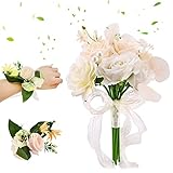 Tamaño del producto: ramo de novia de aproximadamente 28 x 20 cm, ramilletes de muñeca de aproximadamente 15 x 12 cm, el tamaño adecuado producirá hermosas fotos de boda. Puedes sostener el ramo durante mucho tiempo sin cansarte de él.
