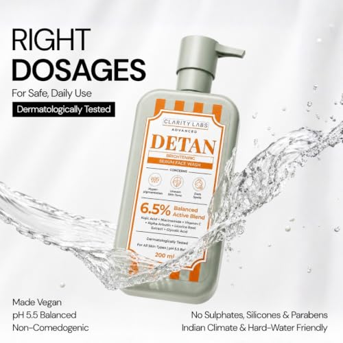 Image of Detan Serum Face Wash with 6.5% Active Blend | 2% Kojic Acid, 1% Vitamin C, 1% Niacinamide, 1% Glycolic Acid, Mandelic Acid & Alpha-Arbutin | Tan Removal, Brightening, Dark Spot & Pigmentation Face Wash for Men, Women, Boys, Girls & Teens | 200ml | Clarity Labs