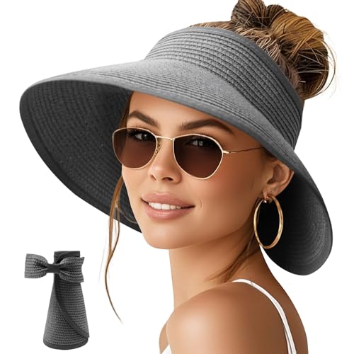 Image of NPQQUAN Sun Visor Hats for Women Wide Brim Ponytail Straw Beach Hat Packable Foldable UPF 50+ Floppy Travel Hats