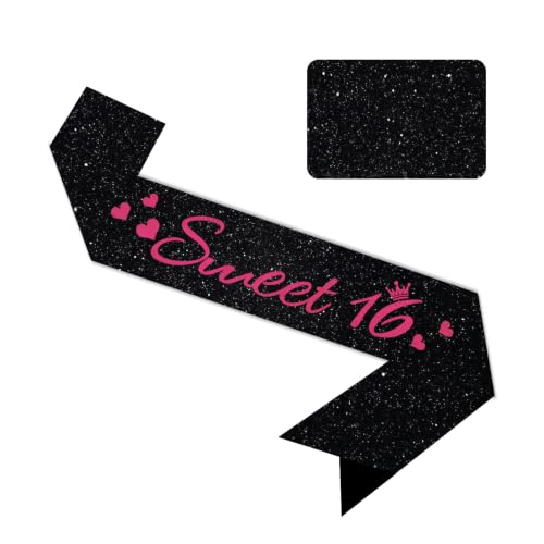 Vuzvuv Black Glitter Sweet 16 Sash with Pink Fonts