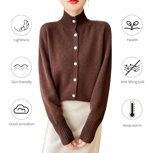 Women's Stand Collar 100% Merino Wool Sweater 2025 Spring Fall Solid Long Sleeve Knitted Cardigan Sweater2