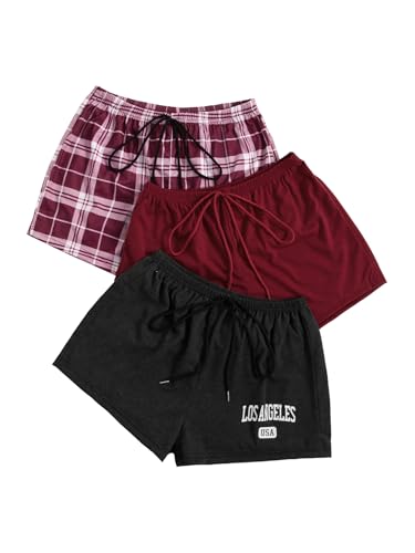Image of WDIRARA Women's 3 Pack Plaid Letter Graphic Pajama Shorts Lounge Shorts | Elastic Waist ,Comfortable,Home Living,Sleepwear