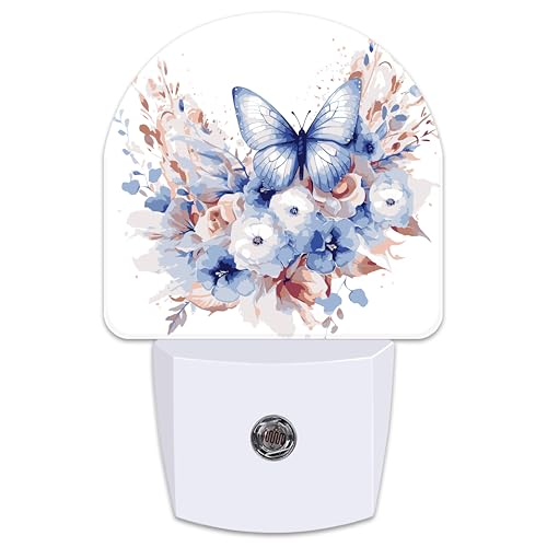 Image of Watercolor Butterfly and Flowers Night Light for Kids,Elegant Blue Floral Plug in Night Light with Dusk to Dawn Sensor, 0.5w Energy Saving Nightlight for Hallway Stairway Kitchen Bedroom