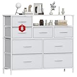 Noblik Kommode mit 8 Schubladen, Schlafzimmerkommode, Stoffkommode mit Holzplatte, Schubladenschrank für Schlafzimmer und Wohnzimmer, Weiß