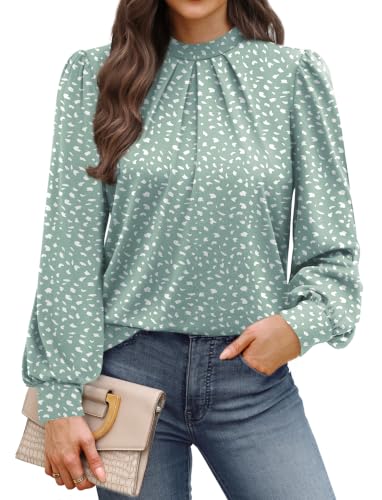 Image of WIHOLL Long Sleeve Shirts for Women Mock Neck Tops Pleated Front Blouses Dressy Casual Spring Fall Clothes 2026 Fashion