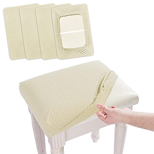Image of 4 pcs Vanity Stool Bench Covers, Luxury Crease-Resistant Jacquard Fabric Saddle Bar Stool Slipcovers Stretch Washable, (Rectangle, 4 Counts, Beige)