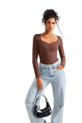 Image of SUUKSESS Women Sweetheart V Neck Long Sleeve Tops Lace Trim Ribbed Modal Fall Going Out Shirts