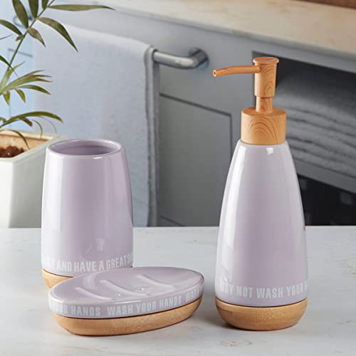 Image of SaSaSa Ceramic Bathroom Set of 3 Modern Bath Accessories Kit with Soap Dispenser, Toothbrush Holder & Dish - Stylish & Elegant Bathroom Decor, Purple (9884)