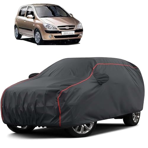 Image of Sulfar 100% Water Resistant Car Body Cover Compatible with Mirror for Hyundai Getz (Triple Stitched, Full Bottom Elastic, Dark Grey Taffeta with Red Piping)