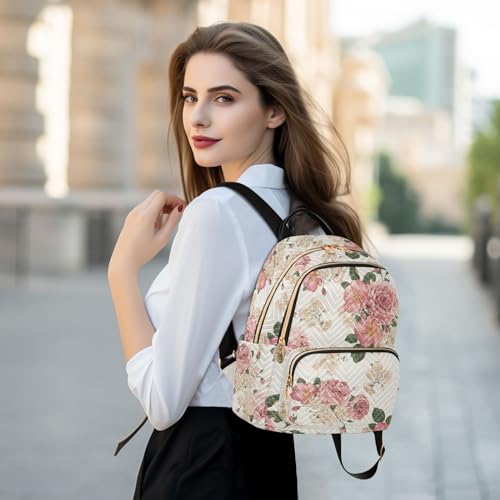 Image of Women Fashion Backpack Purse Roses Vintage Floral Rucksack, M | Casual Lightweight Quilted Daypack Ladies Bag for College Travel Work