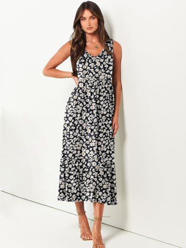 Prinbara Womens Summer Casual Sleeveless Swing Long Sundress Flowy Tiered Loose T Shirt Maxi Beach Dresses Black White Medium - Thumbnail 2