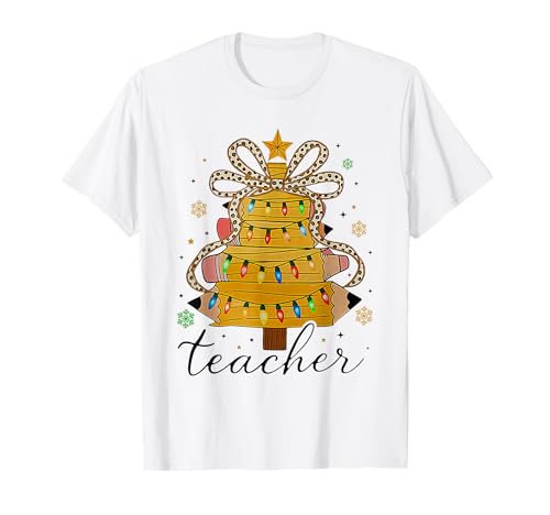 Cute Coquette Bow Funny Teacher Christmas Pencil Tree Xmas T-Shirt
