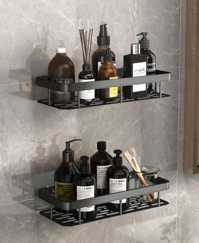 KALEDE® Shower Caddy 2 Pack, Drill-Free Wall Mounted Bathroom Shelf, Rustproof Aluminium, Quick-Dry Design, Large Capacity Organizer for Bathroom Kitchen Dorm, Black