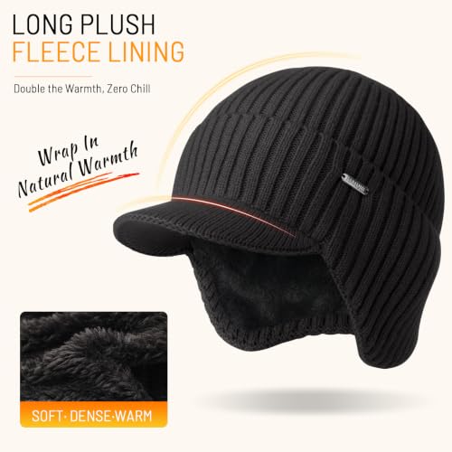 70% Wool Beanie with Brim & Earflaps Fleece Lined Winter Hats for Men Women | Ultra Soft Warm Plush Fleece Lining, Stretchy Fit, Cold Weather Gifts, Windproof Visor Beanie Hats for Skiing Hiking Outdoor - image 3