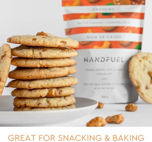Handfuel Salted Caramel Cashews, Hand Roasted Salted Cashews, 4g of Protein, Proudly Canadian Made Plant Based Flavoured Nuts - 150 Grams - 4
