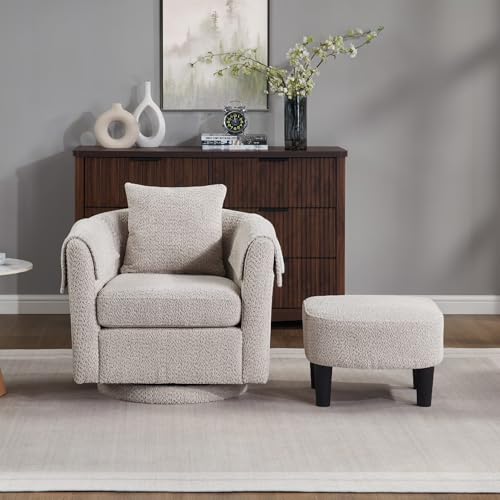 FLEXISPOT Swivel Barrel Accent Chair with Ottoman, 360 Degree Swivel Round Chairs with Removable Throw Pillow, Upholstered in Chenille, Reading Sofa for Living Room, Bedroom (Light Gray)