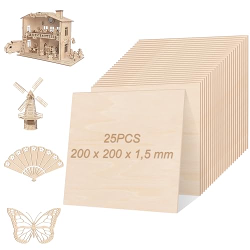 WOPPLXY Lot de 25 Contreplaqué, 200 x 200 x 1,5 mm Plaque Bois, Contreplaqué Tilleul pour Pyrogravure, Maquette de Bricolage, Gravure