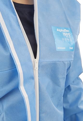 Ansell AlphaTec 1500 Model 111, Einweg-Schutzanzug mit Kapuze, Chemikalienschutz Type 5/6, Wasserdichter Arbeits-Overall, Einmal-Schutzkleidung Herren Damen, Blau, Größe XL (1 Stück)