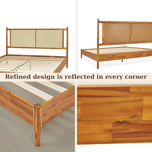 Image of Bme Oliver King Bed Frame and Headboard - 15-Inch Signature Design with Rattan Headboard, Bohemian and Mid Century Style, 12-Slat Wood Support, No Box Spring Needed - Easy Assembly, Caramel