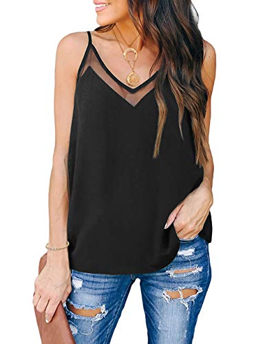 Goory Womens Summer Tops Black Lace Cami Silk Camisole For Women Dressy Casual Chiffon Tank Tops V Neck Mesh Spaghetti Strap Blouses Shirts, Black X-Large #TOP26