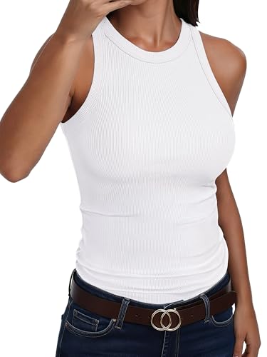 ANRABESS Sleeveless Tank Tops for Women High Neck Racerback Ribbed Knit Top Summer 2026 Casual Basic Slim Fit Workout Shirts White Medium
