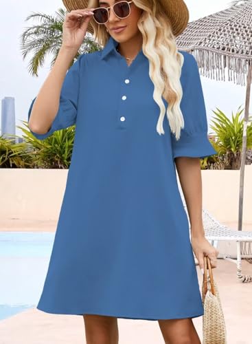 Image of Womens Summer Shirt Dress 2026 Casual Ruffle Short Sleeve Button Down Flowy Swing Shift Mini Dresses with Pockets