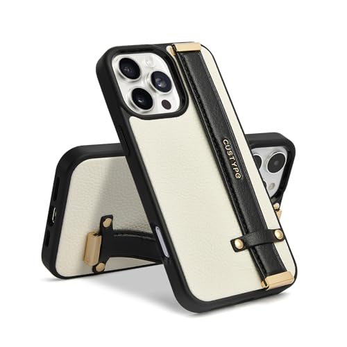 CUSTYPE Compatible with iPhone 16 Pro Case with Adjustable Wristband Strap Kickstand,handstrap Grip Loop Strap Leather Case for Women Girl for iPhone 16 Pro 6.3inch-Black&White