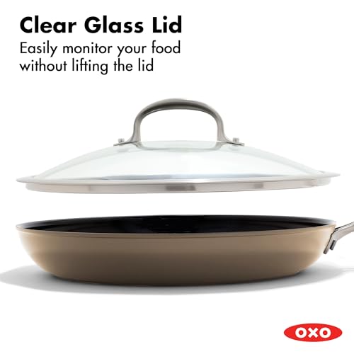 Image of OXO Enhanced 12 inch Nonstick Frying Pan Skillet with Lid, Ceramic PFAS-Free Cookware, Stainless Steel Handle, Eggs & Omelets, Dishwasher & Oven Safe, Biscuit Brown