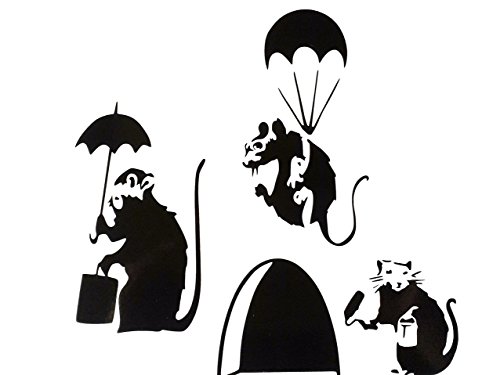 uksellingsuppliers Wandaufkleber mit Mausloch, Banksy, Set mit drei kleinen Banksy-Ratten mit Farbdose und Rolle/Fallschirmjäger/Schirm, Sockelleiste, Vinyl, 3 x 11 x 5 cm