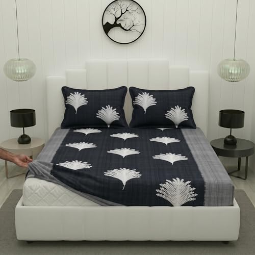 Image of Filymore Elastic Fitted Bedsheet Set for Double Bed with 2 Pillow Covers | 240 TC Pure Microfiber Double Bedsheet | Black Leaf Design | Soft | Fits Mattress up to 6 Inches | 72x72 Inches
