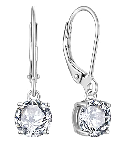 YL Women's Solitaire Dangle Drop Earrings 925 Sterling Silver Round Leverback Earrings Birthstone Jewelry