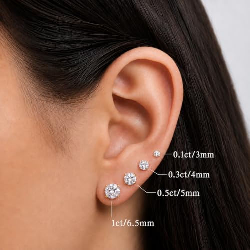 Image of Moissanite Stud Earrings for Men Women, 925 Sterling Silver 18K White Gold Plated, 1CT 6.5mm Round Cut, VVS1 D Color (0.6-2ct)
