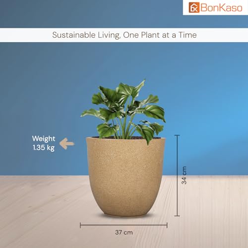 Image of BonKaso 14 inch Beige Pot - Tall, Durable & Lightweight Polymer Jaguar Round Planter for Indoor & Outdoor Use: Home, Office, Garden & Balcony (Gamla /Gamale)