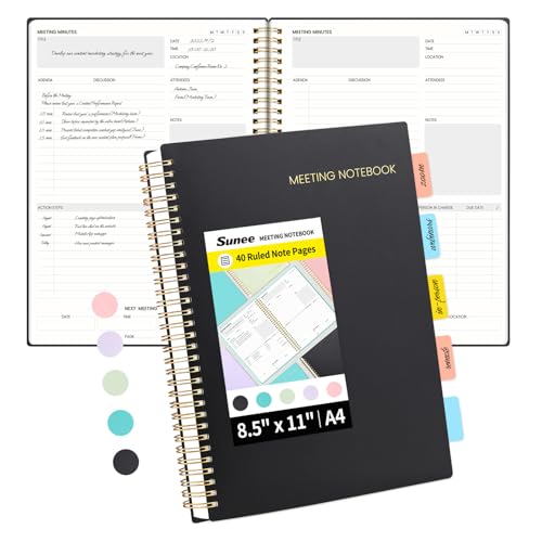 SUNEE Meeting Notebook for Work with Sticky Tabs - 160 Pages, A4 Size Project Planner, Spiral Meeting Agenda/Minutes Notebook Organizer for Women Men, Note Taking, Office & Business, 8.5"x11", Black
