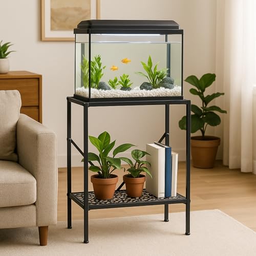 Image of ecofynd 2-Tier Fish Tank Stand, Double-Layer Aquarium Stand with Adjustable Table Feet, Heavy Metal Storage Rack Suitable for Home and Office, (Black, FS001)