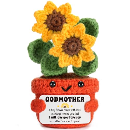 LuoHere Godmother Gift from Godchild, God Mother Gifts for Women, Best Godmother Ever Christmas Happy Birthday Mothers Day Ideas, Unique Funny Handmade Crochet Sunflower