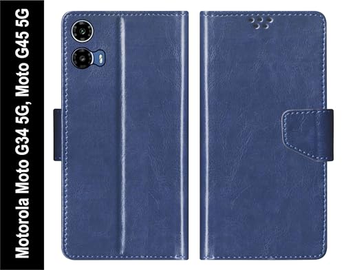 Image of SBMS Flip Cover for Motorola Moto G34 5G / Moto G45 5G 6.5-Inch Back Cover Case with Magnatic Closure | Inbuilt Stand | Card & Money Pocket (Blue)