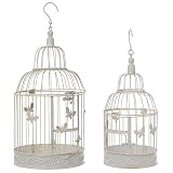 Moritz Jaula decorativa para pájaros, color blanco, redondo, juego de 2 unidades, decorada con mariposas, jaula decorativa para flores, velas, decoración colgante, portavelas