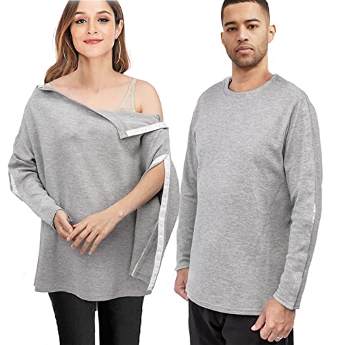Shoulder Surgery Shirts, Unisex Rehab Shirt with Discreet Shoulder Snaps, Chemo Clothing, Long Sleeve Shirt Men & Women (Grey, Large)