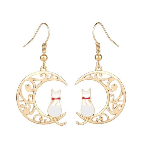 Cute Moon Cat Earrings for Women, Anime Animals Dangle Earrings,