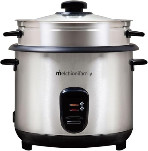 Melchioni Family | LOTO Cuiseur à Riz 1,8L avec Cuisson et Maintien au Chaud, Couvercle en Verre, Revêtement Antiadhésif, Arrêt Automatique, Vapeur, 800W, Accessoires Inclus, Gris